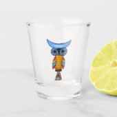 Fantasy Owl Blue Head Eyes Gelbe Körper Farbe Schnapsglas (Vorderseite)