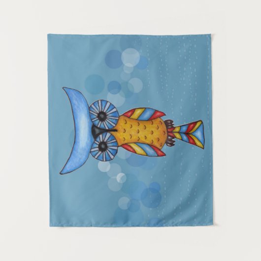 Fantasy Owl farbige Federn Blue Head Eyes Wandteppich (Vorderseite)