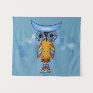 Fantasy Owl farbige Federn Blue Head Eyes Wandteppich