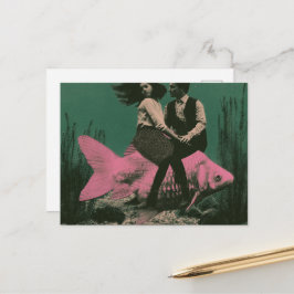 Fantasy-Paar reist auf rosa Fisch Postkarte