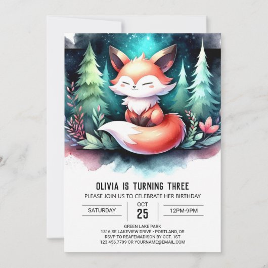 Fantasy Pastel Fox Geburtstag digital Einladung (Vorderseite)