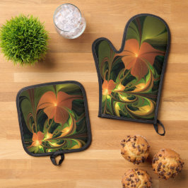 Fantasy-Pflanze Abstrakt Grünes Rost-Braun-Fraktal Ofenhandschuh & Topflappen-Set