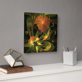 Fantasy-Pflanze Abstrakt Grünes Rost-Braun-Fraktal Quadratische Wanduhr