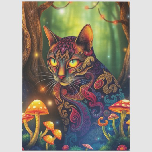 Fantasy-Pilzwald Bunte Katze Seidenpapier (Vorderseite)