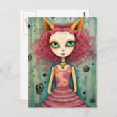 Fantasy Pink Cat Alien Woman Mixed Media Postkarte (Vorne/Hinten)
