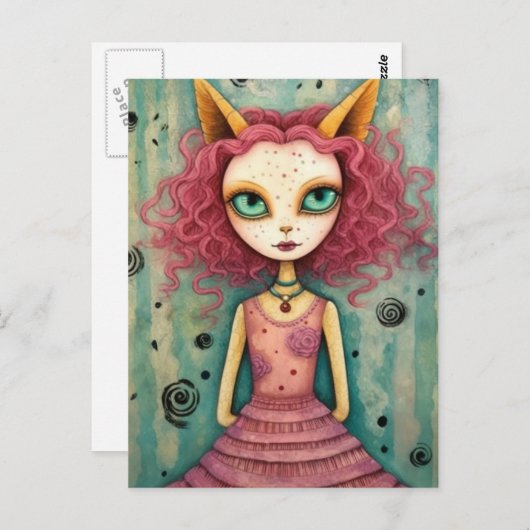 Fantasy Pink Cat Alien Woman Mixed Media Postkarte (Vorne/Hinten)