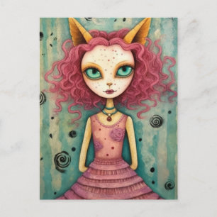 Fantasy Pink Cat Alien Woman Mixed Media Postkarte