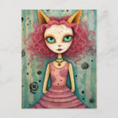 Fantasy Pink Cat Alien Woman Mixed Media Postkarte (Vorderseite)