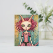 Fantasy Pink Cat Alien Woman Mixed Media Postkarte (Stehend Vorderseite)