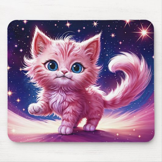 Fantasy pink flauschig kitten hellblaue Augen Kuns Mousepad (Vorne)