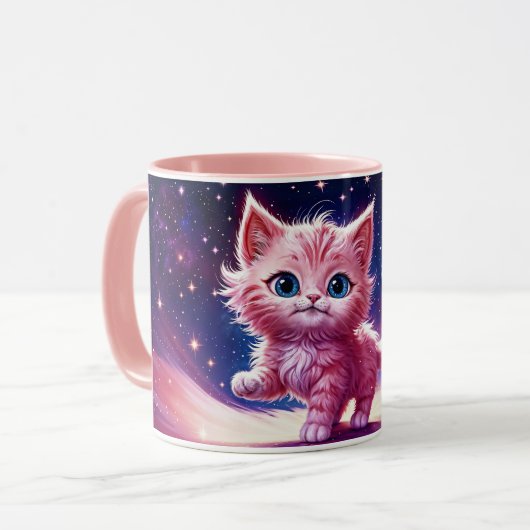 Fantasy pink flauschig kitten hellblaue Augen Kuns Tasse (Vorderseite Links)