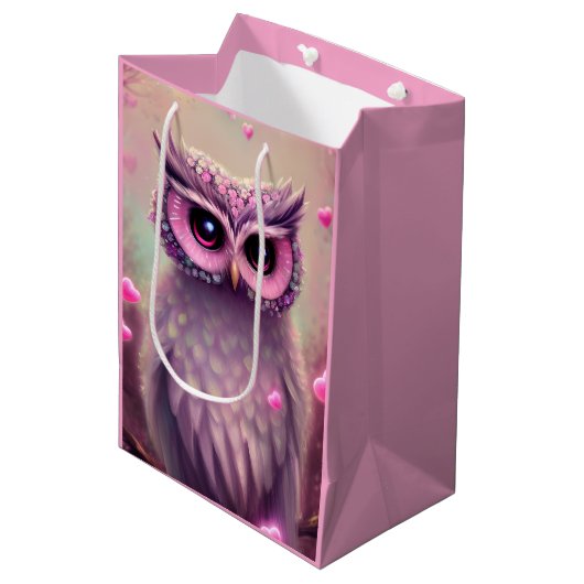 Fantasy Pink Fluffy Kawaii Owl Mittlere Geschenktüte (Vorderseite Schrägansicht)