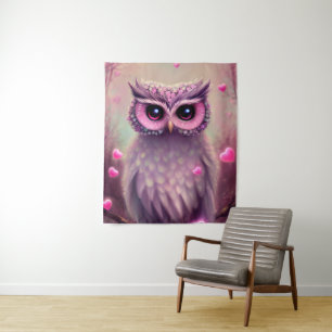 Fantasy Pink Fluffy Kawaii Owl Wandteppich