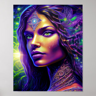 Fantasy-Porträt einer Frau mit violettem Haar Poster