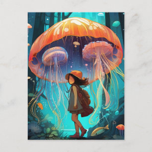 Fantasy-Quallen-Mädchen, das unter dem Ozean läuft Postkarte