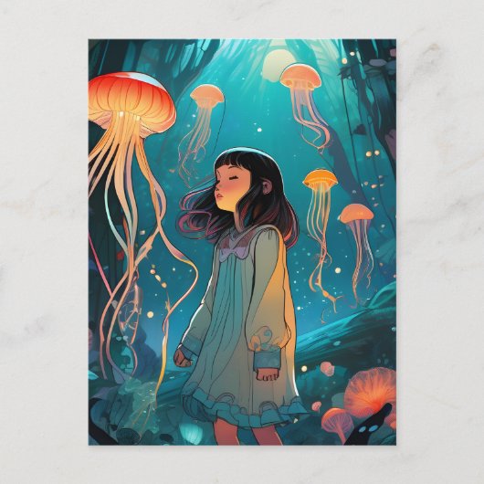Fantasy Quellyfish Forest Girl Postkarte (Vorderseite)