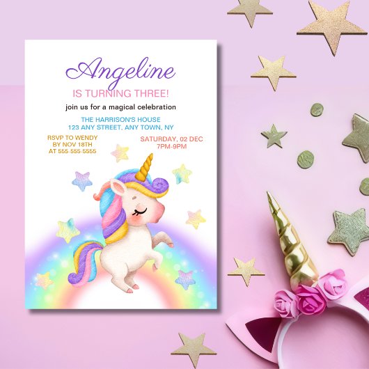 Fantasy Rainbow Stars Unicorn Girl Birthday  Einladung