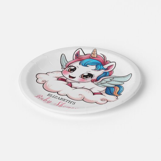 Fantasy Rainbow Unicorn Kinderdusche Pappteller (Schrägansicht)