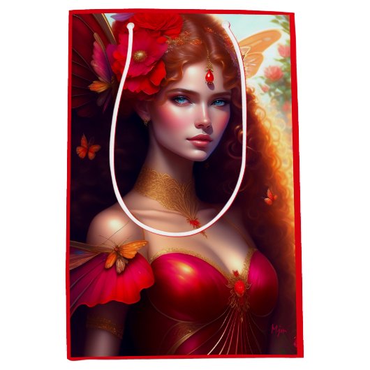 Fantasy Red Fairy Red Blume Decoupage Mittlere Geschenktüte (Vorderseite)