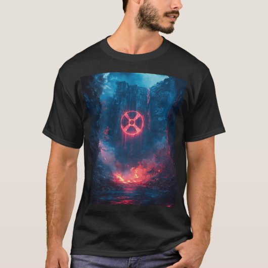 Fantasy Red Radioactive Symbol Digital Art T-Shirt (Vorderseite)