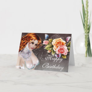 Fantasy Redhead mit Rose Geburtstagskarte Karte