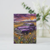 Fantasy Retro Lila Fahrzeug in einer Berglandschaf Postkarte (Stehend Vorderseite)