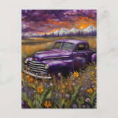 Fantasy Retro Lila Fahrzeug in einer Berglandschaf Postkarte (Vorderseite)