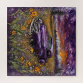 Fantasy Retro Lila Fahrzeug in einer Berglandschaf Puzzle (Horizontal)