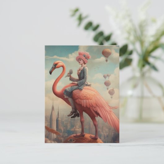 Fantasy Ride auf einem rosa Flamingo Postkarte (Stehend Vorderseite)