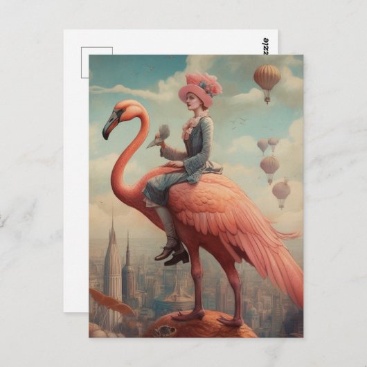 Fantasy Ride auf einem rosa Flamingo Postkarte (Vorne/Hinten)
