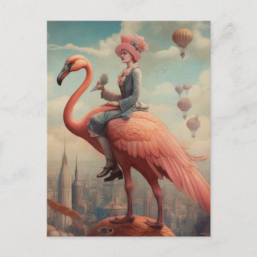 Fantasy Ride auf einem rosa Flamingo Postkarte (Vorderseite)