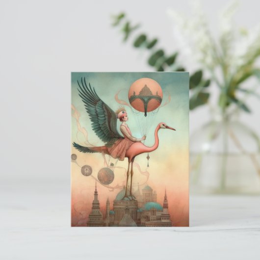 Fantasy Ride auf einem rosa Flamingo Postkarte (Stehend Vorderseite)