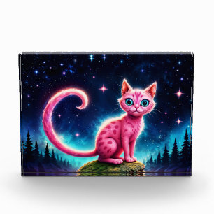 Fantasy-Rosa-Katze in magisch sterndem Nachtwald Fotoblock