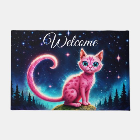 Fantasy-Rosa-Katze in magisch sterndem Nachtwald Fußmatte (Vorderseite)