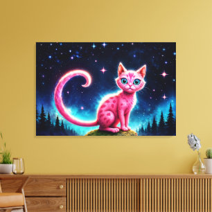 Fantasy-Rosa-Katze in magisch sterndem Nachtwald Leinwanddruck