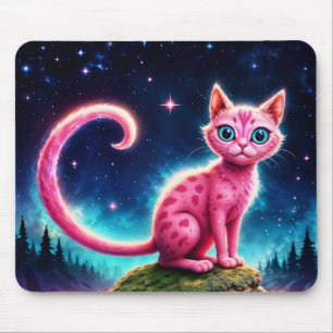 Fantasy-Rosa-Katze in magisch sterndem Nachtwald Mousepad