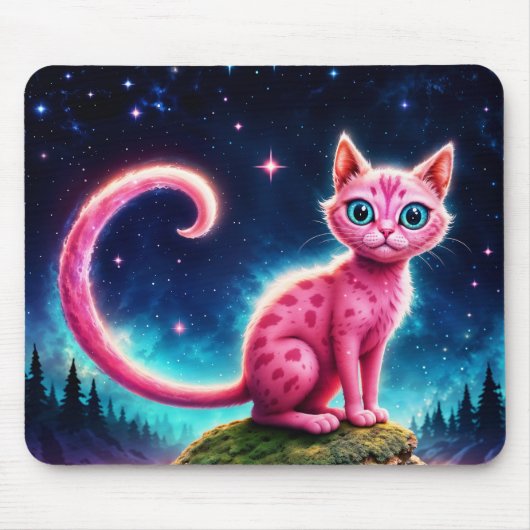 Fantasy-Rosa-Katze in magisch sterndem Nachtwald Mousepad (Vorne)