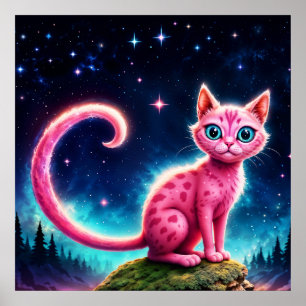 Fantasy-Rosa-Katze in magisch sterndem Nachtwald Poster