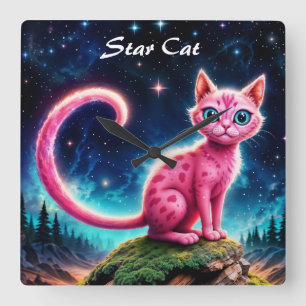Fantasy-Rosa-Katze in magisch sterndem Nachtwald Quadratische Wanduhr