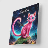 Fantasy-Rosa-Katze in magisch sterndem Nachtwald Quadratische Wanduhr (Winkel)