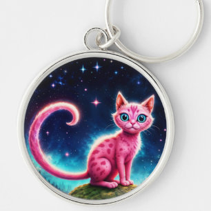 Fantasy-Rosa-Katze in magisch sterndem Nachtwald Schlüsselanhänger