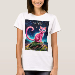 Fantasy-Rosa-Katze in magisch sterndem Nachtwald T-Shirt