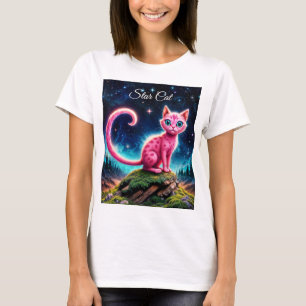 Fantasy-Rosa-Katze in magisch sterndem Nachtwald T-Shirt