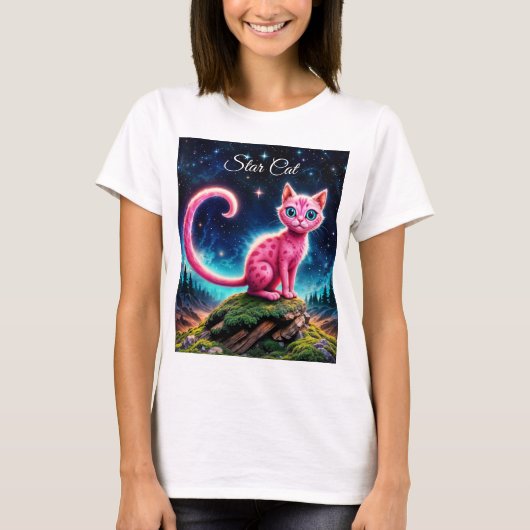 Fantasy-Rosa-Katze in magisch sterndem Nachtwald T-Shirt (Vorderseite)