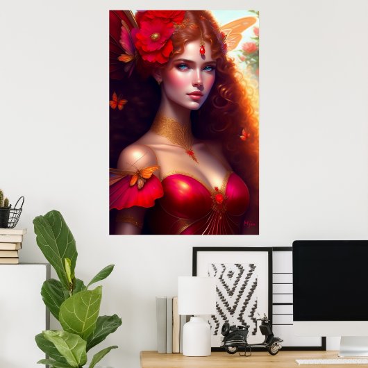 Fantasy-Rote Fee rote Blumen Poster (Heimbüro)