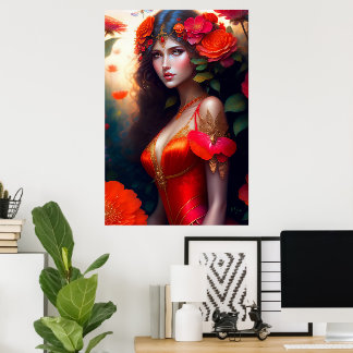 Fantasy-Rote Fee rote Blumen Poster