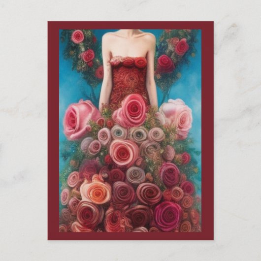 Fantasy Rote Rosen Hochzeitskleid Goth Bride Postc Postkarte (Vorderseite)