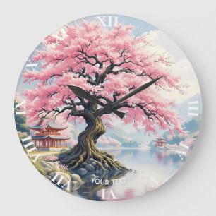 Fantasy Sakura Tempel Lake Große Wanduhr