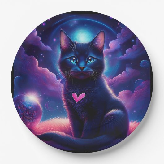 Fantasy Scene Black Kitten Beautiful Blue Eyes Pappteller (Vorderseite)