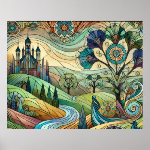 Fantasy-Schloss mit farbenfrohen Hügeln und Fluss Poster